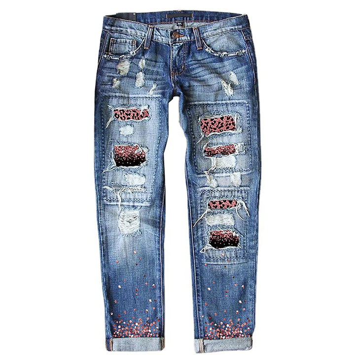 High-Waisted Blue Floral Print Stretch Jeans with Ripped Details