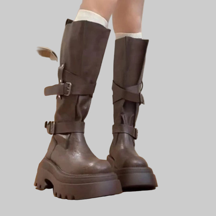 Retro Knee-High Belt Buckle Zipper Boots