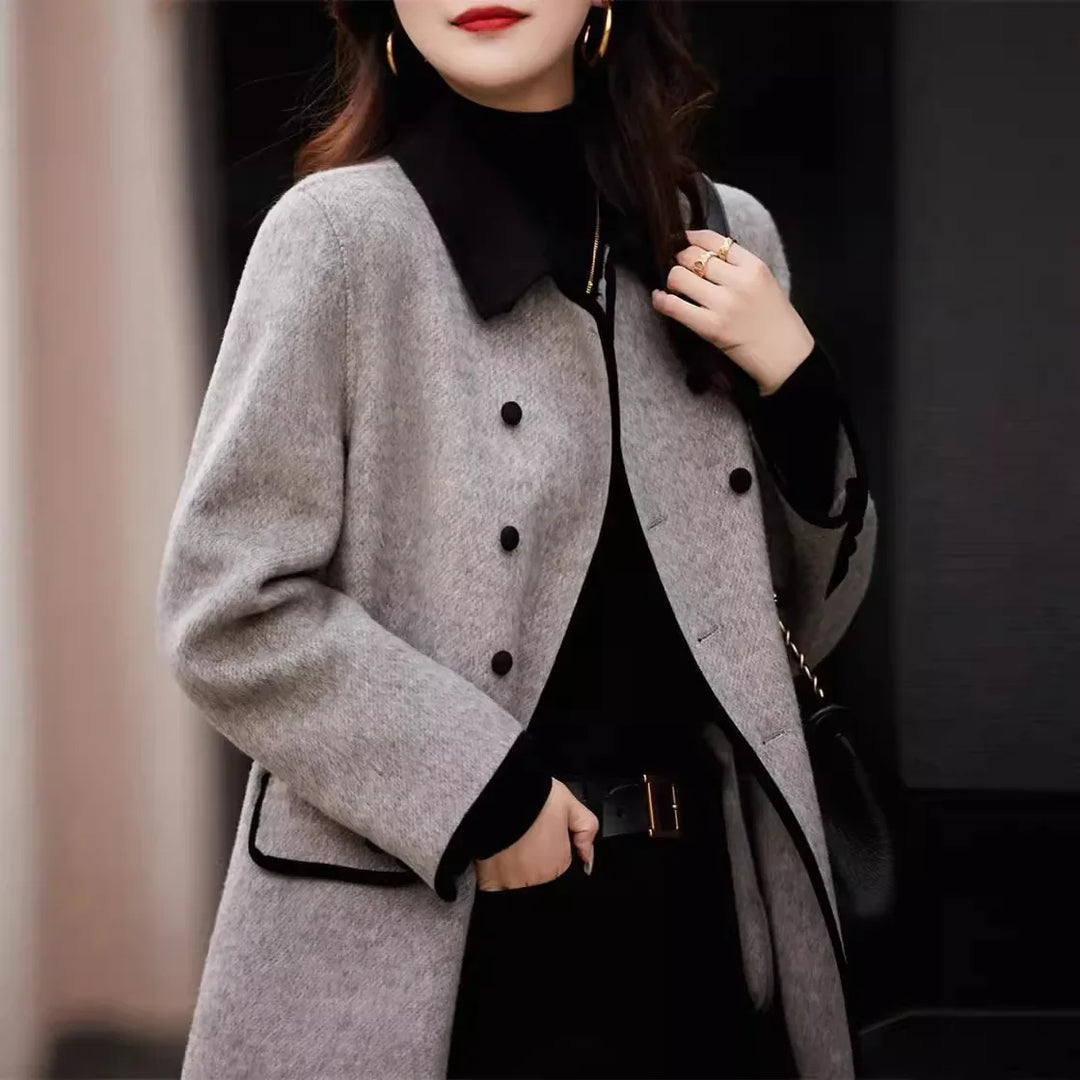 Color-Block Small Lapel Elegant Woolen Coat
