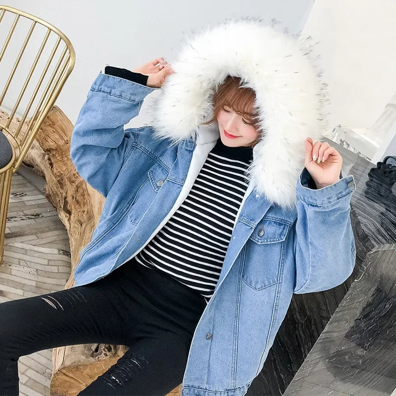 Single Breasted Fur Hooded Denim Coat