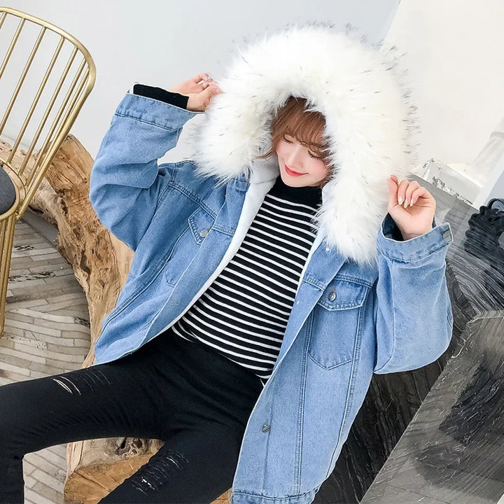 Single Breasted Fur Hooded Denim Coat