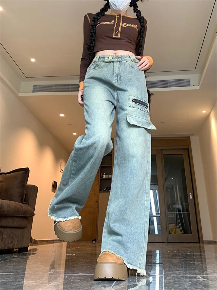 Double Button Wide Leg Retro Jeans