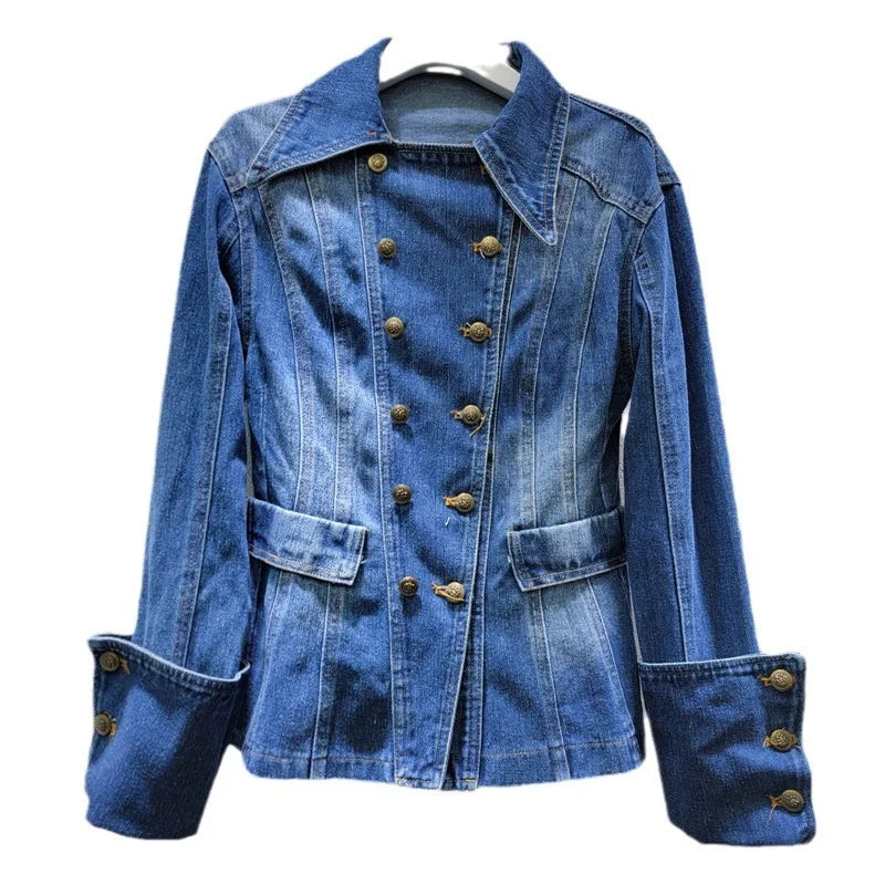 Vintage Versatile Lapel Double-breasted High Waist Denim Jacket