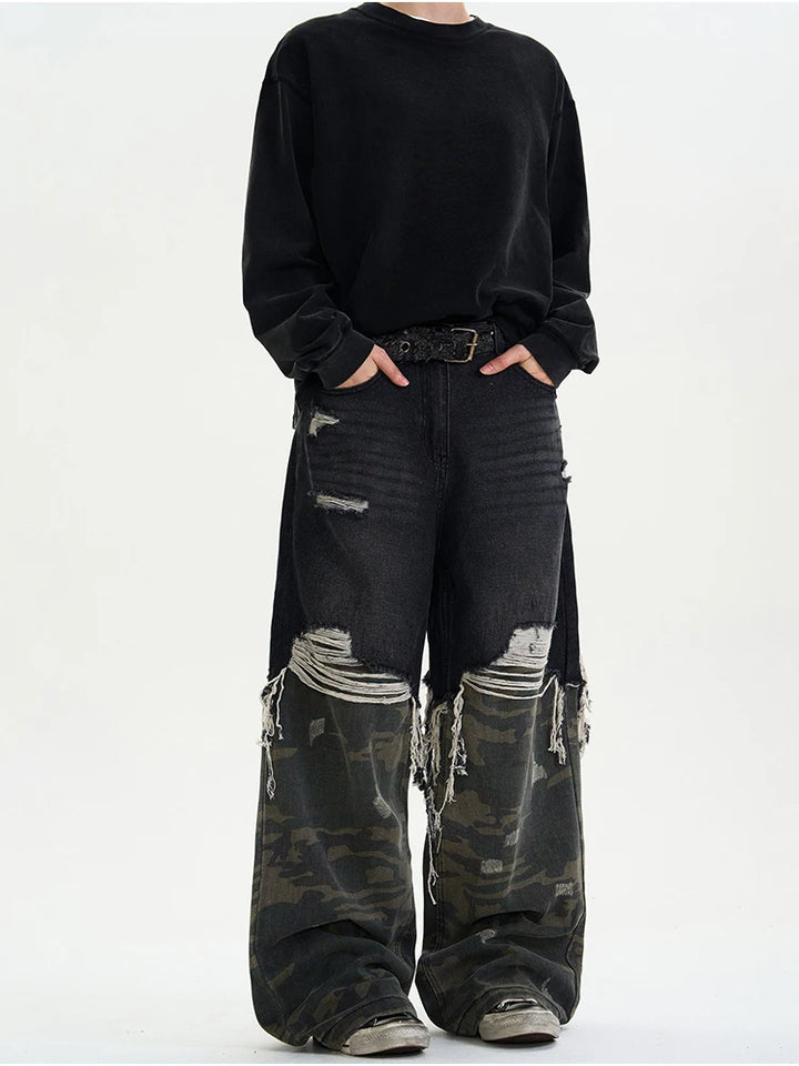 Camouflage Spliced Denim Pants