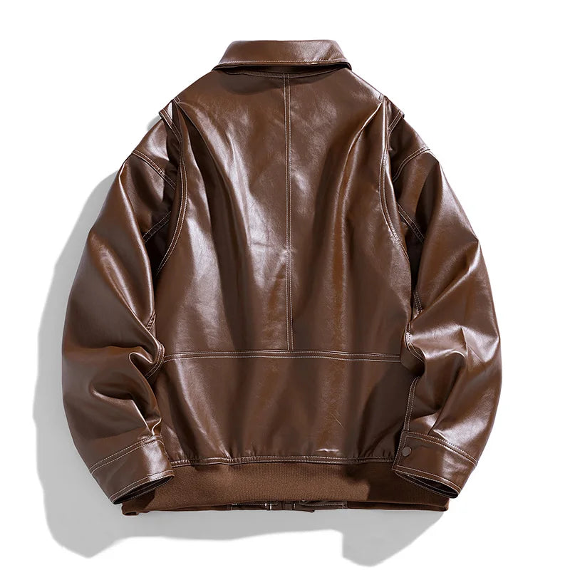 Retro Lapel Collar Loose Fit PU Leather Jacket