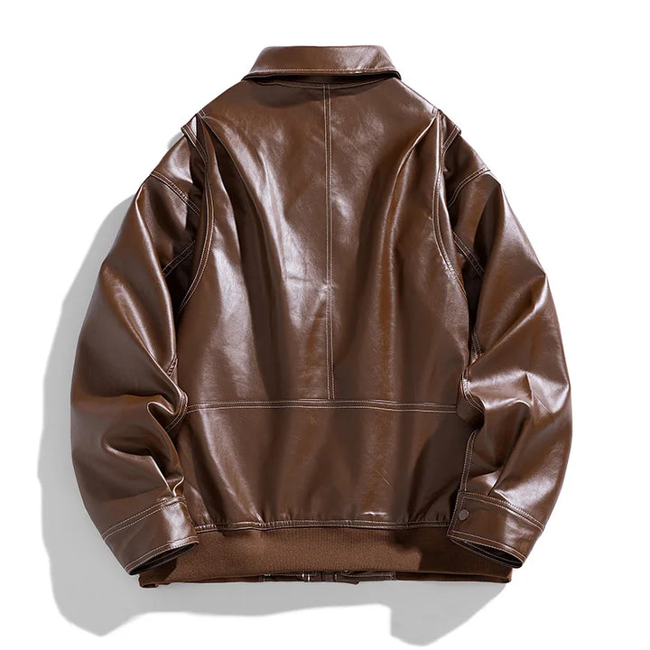 Retro Lapel Collar Loose Fit PU Leather Jacket