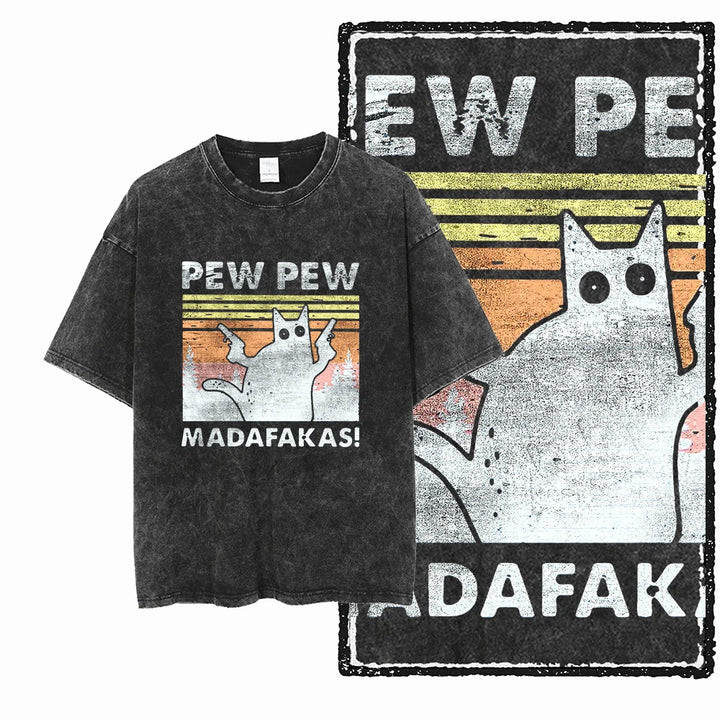 Cat Print Acid Washed Cotton Graphic T-Shirt