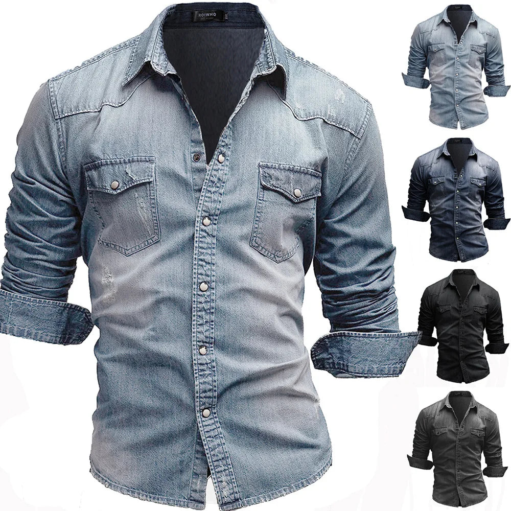 Solid Color Slim Fit Denim Shirt