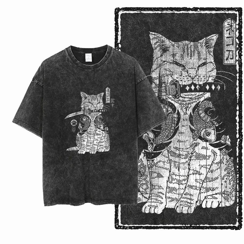 Cat Print Acid Washed Cotton Graphic T-Shirt