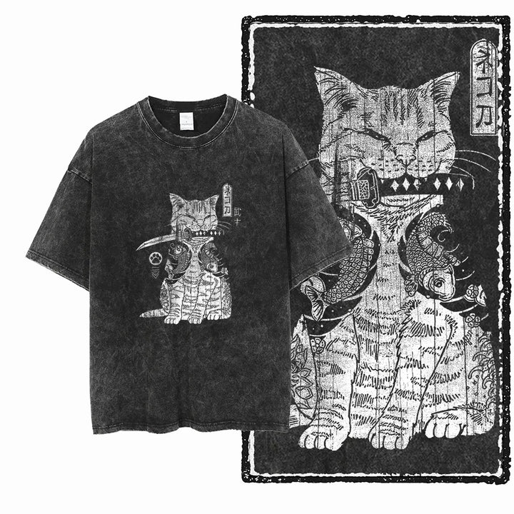 Cat Print Acid Washed Cotton Graphic T-Shirt