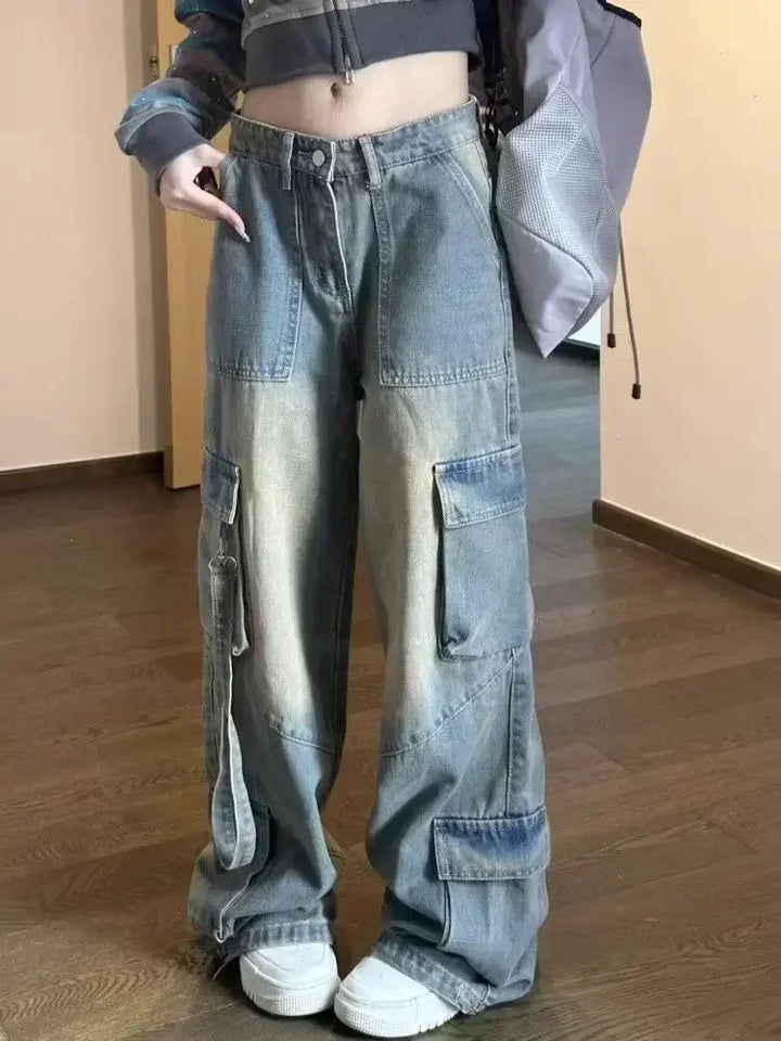 Distressed Washed Cargo Jeans with Spliced Pockets