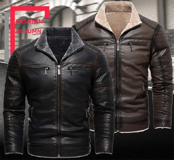 Faux Leather Zippered Fleece Lined Retro Motorcycle Jacket