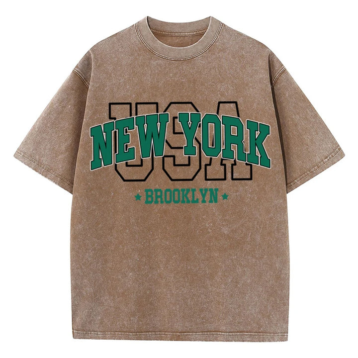 Cotton Washed O-Neck Brooklyn Print Tees