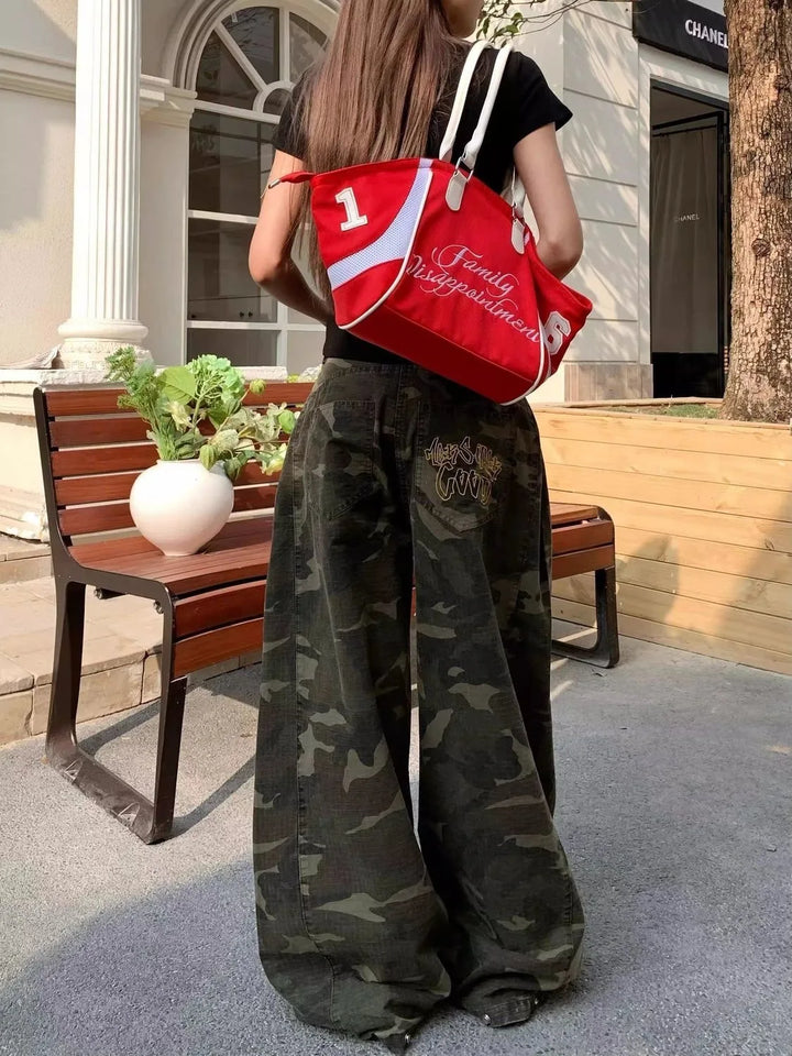 High-Waisted Harajuku Style Camouflaged Denim Pants