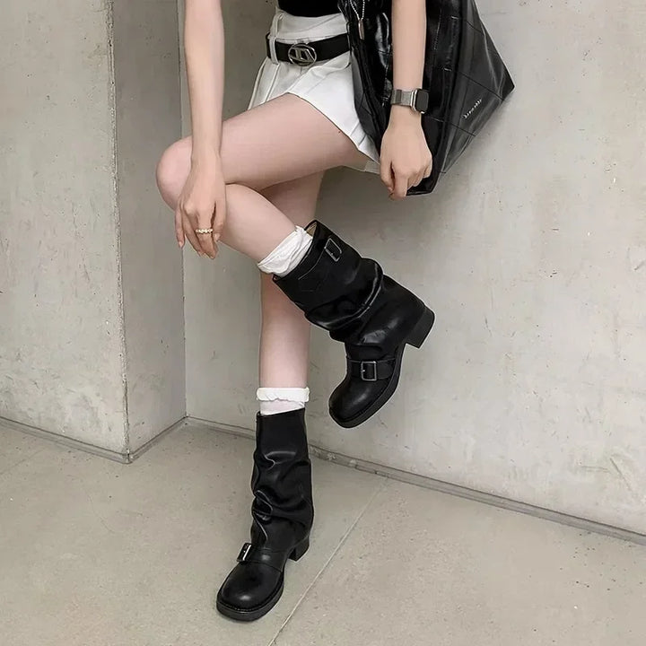 Mid-Calf Slip-On Retro Biker Boots
