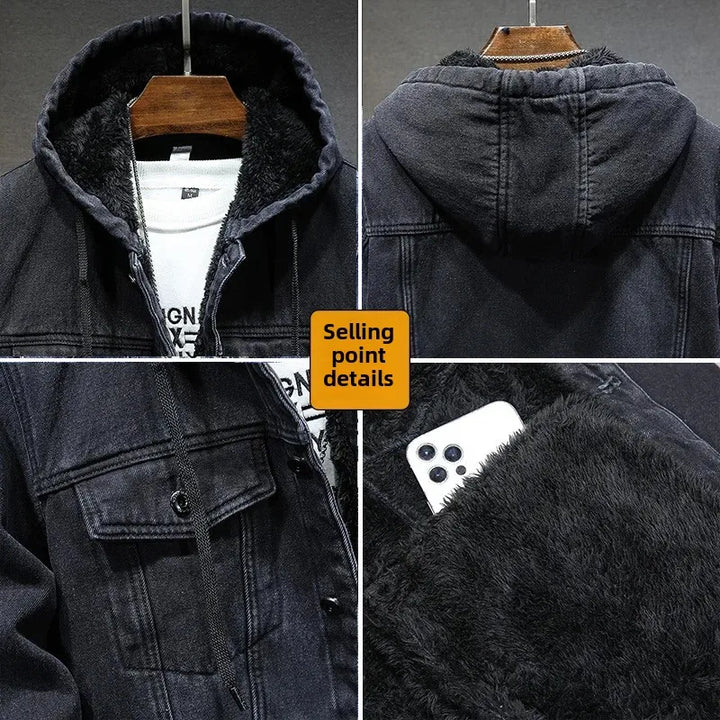 Warm Fleece-Lined Hooded Denim Winter Coat