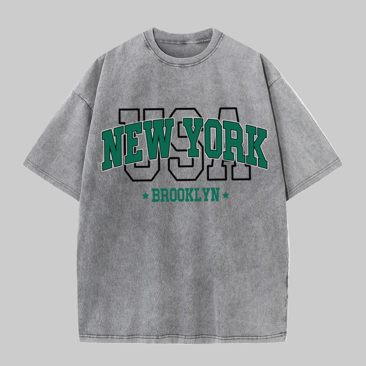 Cotton Washed O-Neck Brooklyn Print Tees