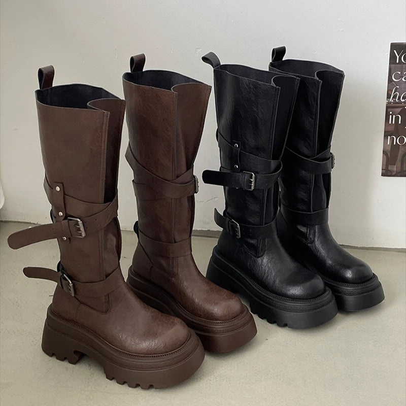 Retro Knee-High Belt Buckle Zipper Boots