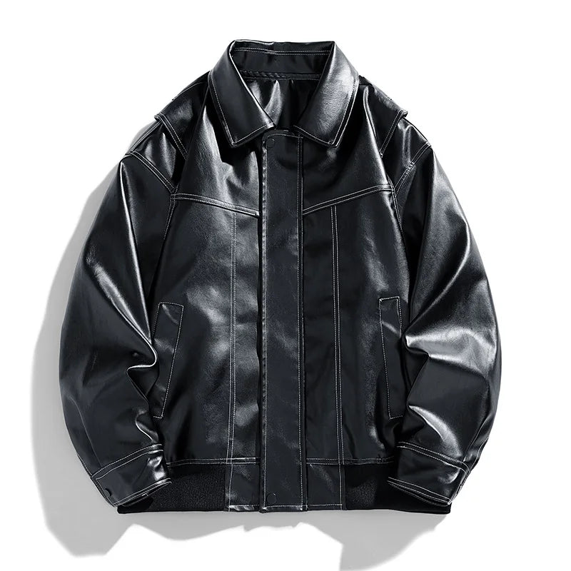 Retro Lapel Collar Loose Fit PU Leather Jacket
