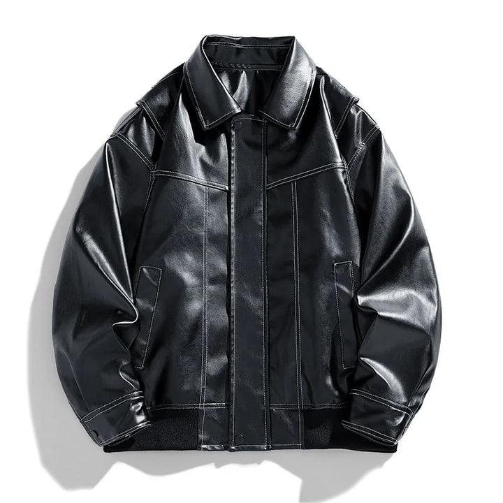 Retro Lapel Collar Loose Fit PU Leather Jacket