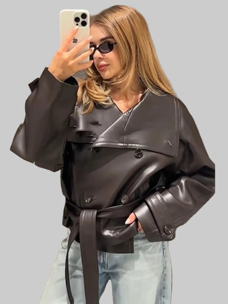 Street Fashion PU Leather Belted Jacket