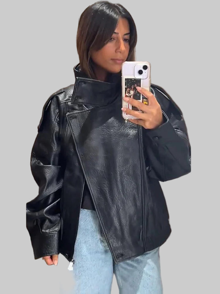 Stand Collar Full Sleeve Button-Up Leather Jacket