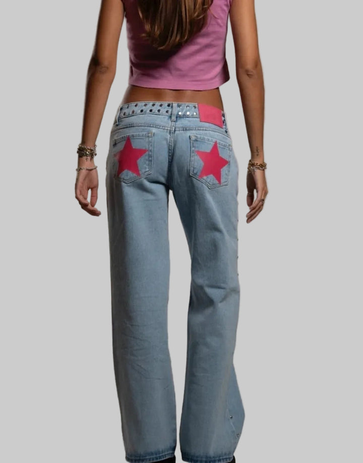 Retro Five-Pointed Star Print High-Waisted Baggy Jeans