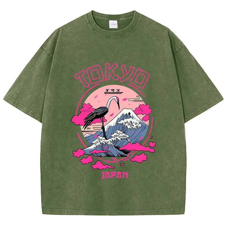 Retro-Inspired Acid Wash T-Shirts Featuring Tokyo Harajuku Prints
