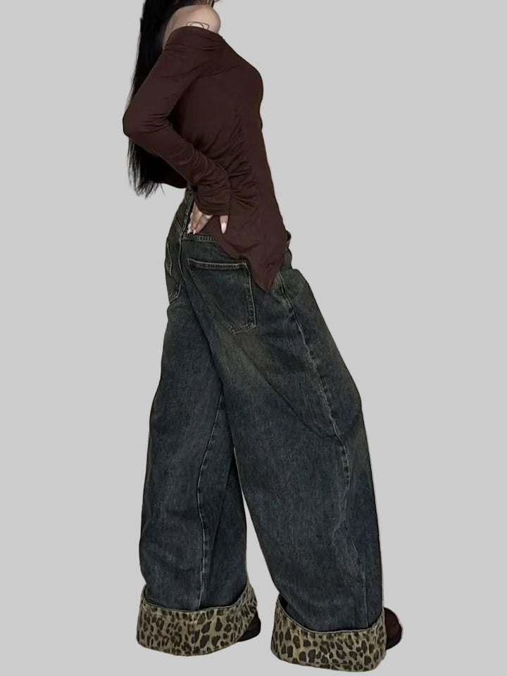 Retro Leopard Print Y2K Wide Leg Jeans