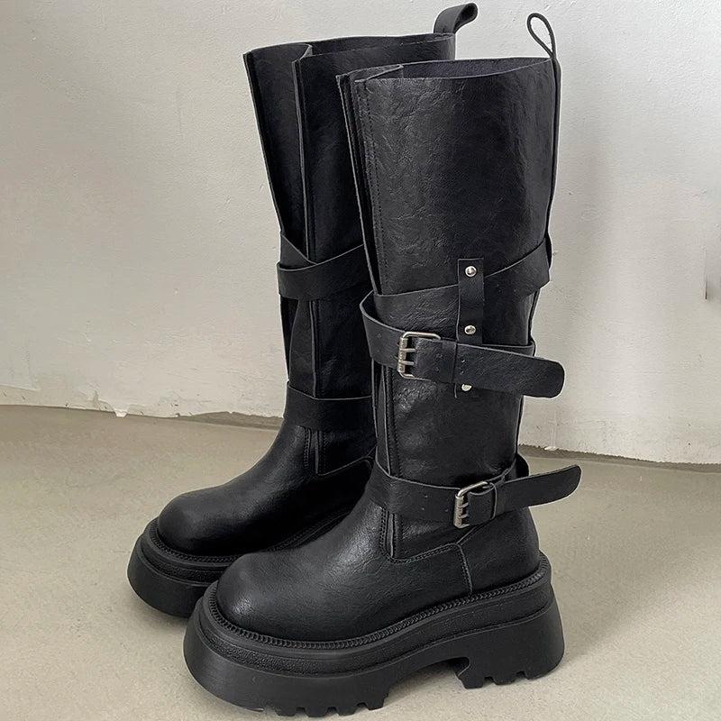 Retro Knee-High Belt Buckle Zipper Boots