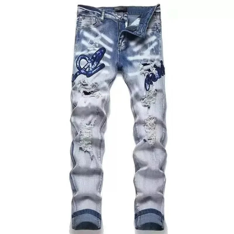 Retro Punk Style Slim Fit Elastic Printed Jeans