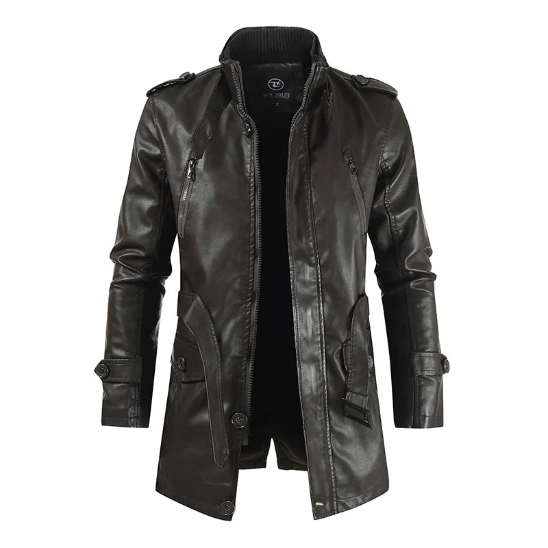 Leather Winter Thick Plush Lining Warm Long Coat