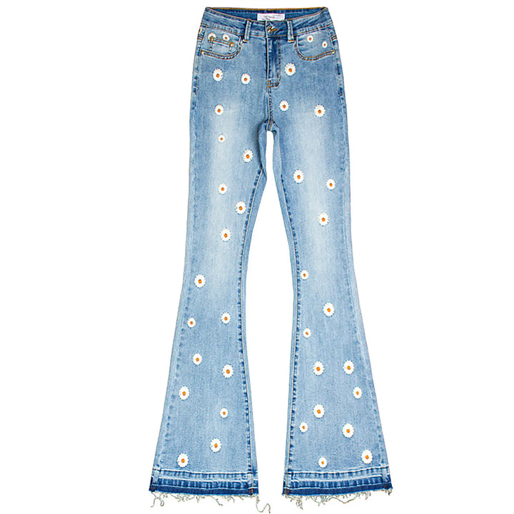 Chic Women's Daisy Embroidered Flared Denim Pants