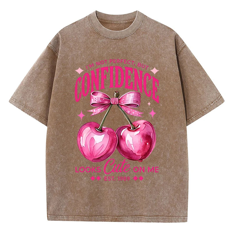 Pink Cherry Print Distressed Cotton T-Shirt