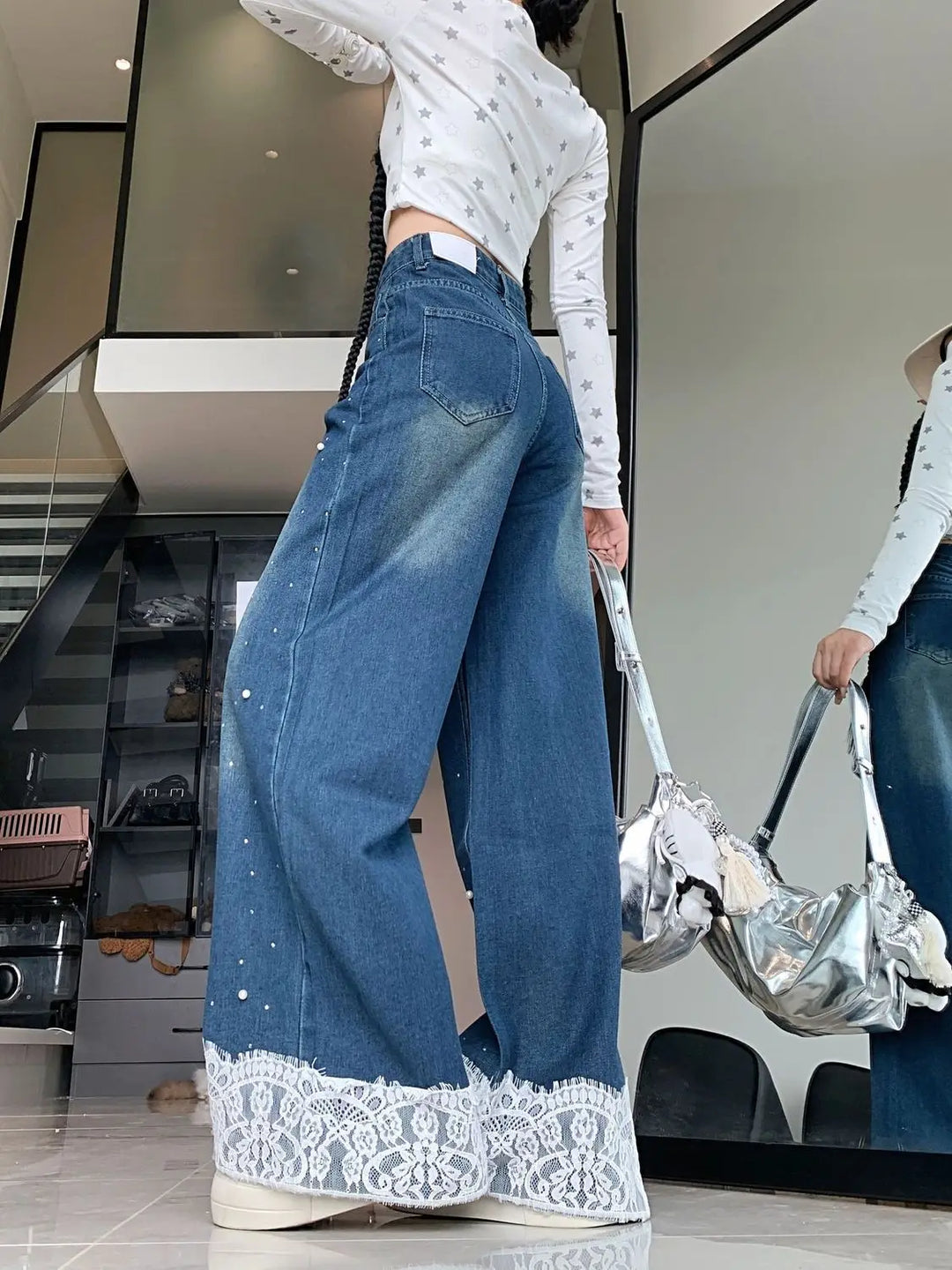 Lace-Trimmed Wide Leg Jeans