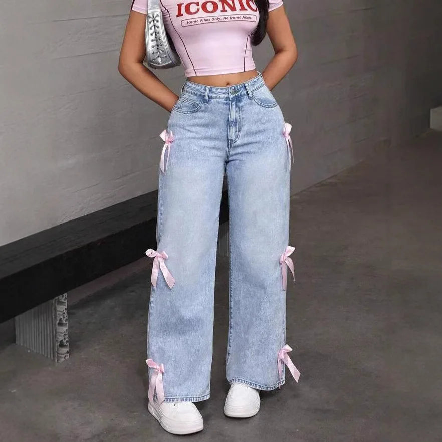 Vintage Distressed High-Waisted Jeans with Bow Detail