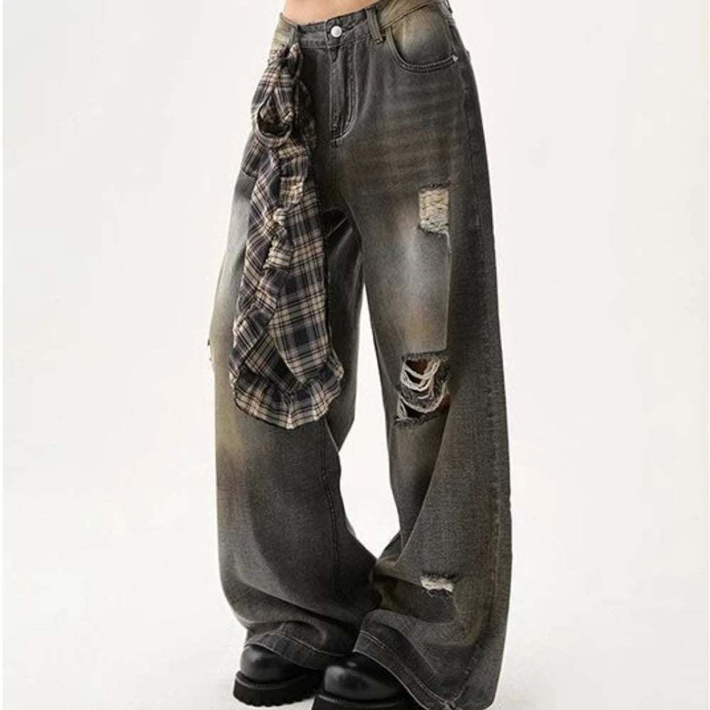 High-Waisted American Retro Loose Fit Ripped Jeans