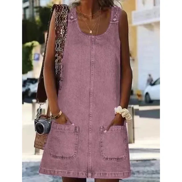 Midrise U-Neck Strappy A-Line Sleeves Denim Dress