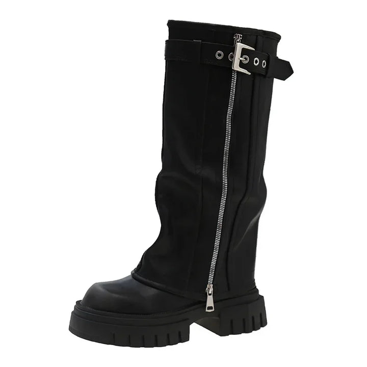 Platform Western Long Boots with Belt Buckle