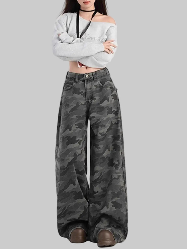 Retro Camouflage Denim - High Waist Wide-leg