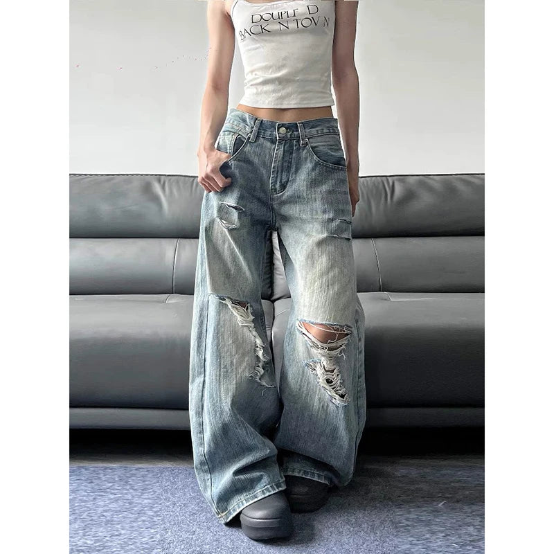 High-Waisted Ripped Jeans - American Y2K Baggy