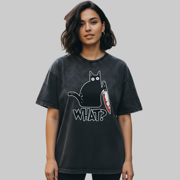 Cat Print Acid Washed Cotton Graphic T-Shirt