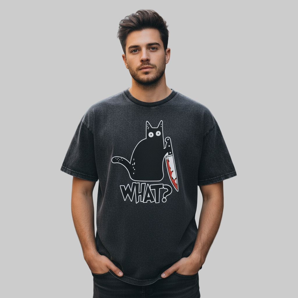 Cat Print Acid Washed Cotton Graphic T-Shirt