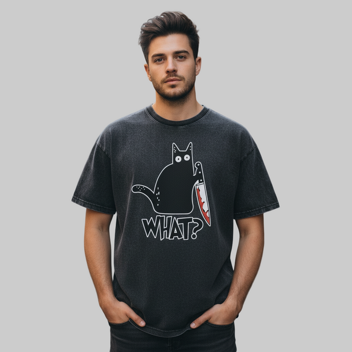 Cat Print Acid Washed Cotton Graphic T-Shirt