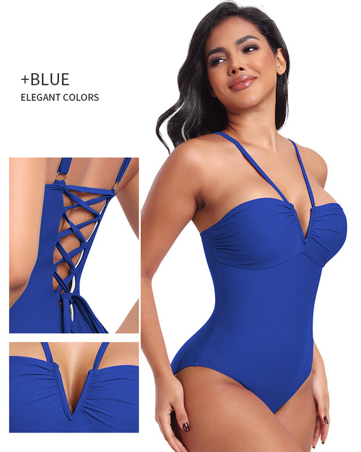 V-Neck Halter Swimsuit with Back Lacing