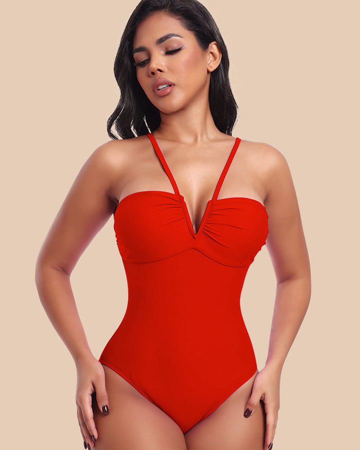V-Neck Halter Swimsuit with Back Lacing
