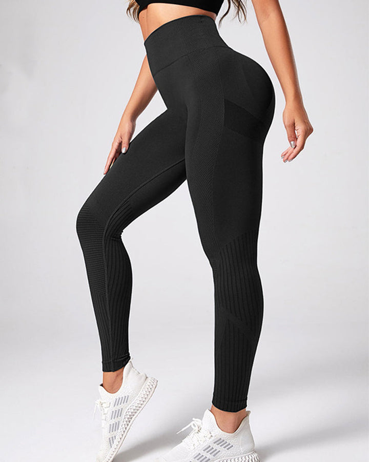 Seamless High-Waisted Striped Butt-Lifting Yoga Leggings with Scrunch Design