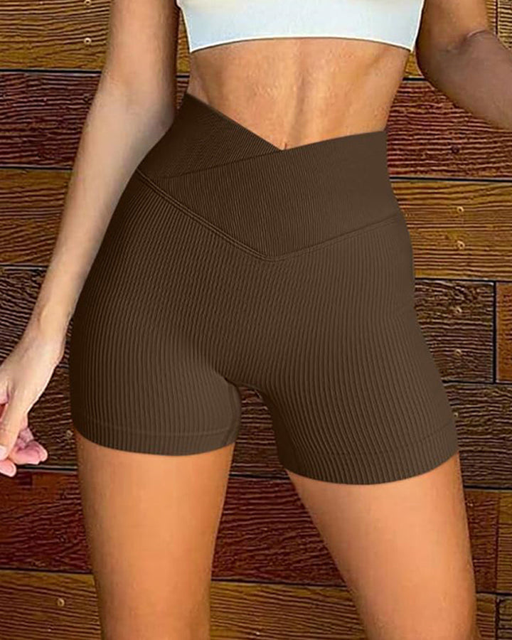 Ribbed V-Waist Elastic Yoga Shorts - Slim Fit Workout Leggings