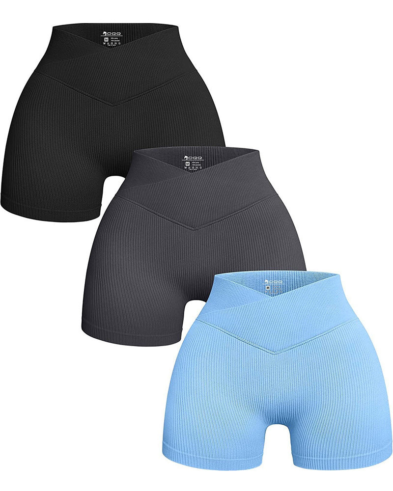 Ribbed V-Waist Elastic Yoga Shorts - Slim Fit Workout Leggings