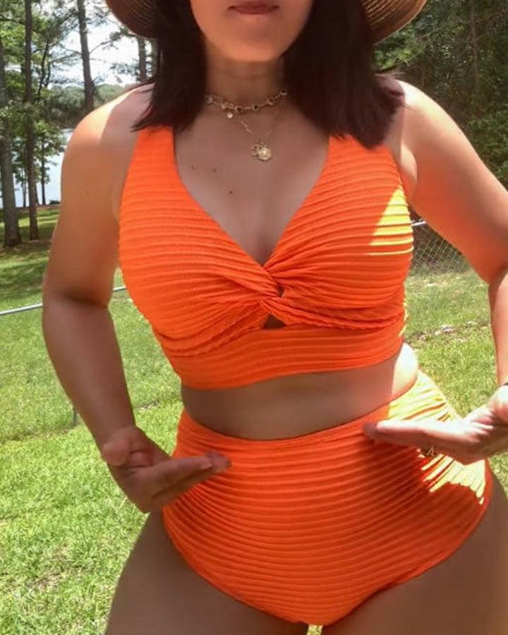 Chic Ribbed High-Waist Bikini with Twisted Front Design